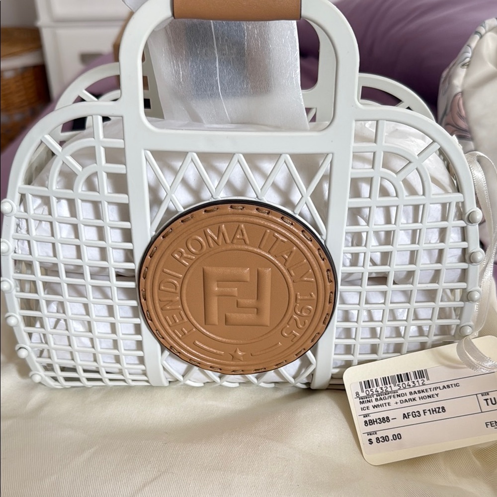 Fendi White and Tan Travel Bag with Lattice Pattern